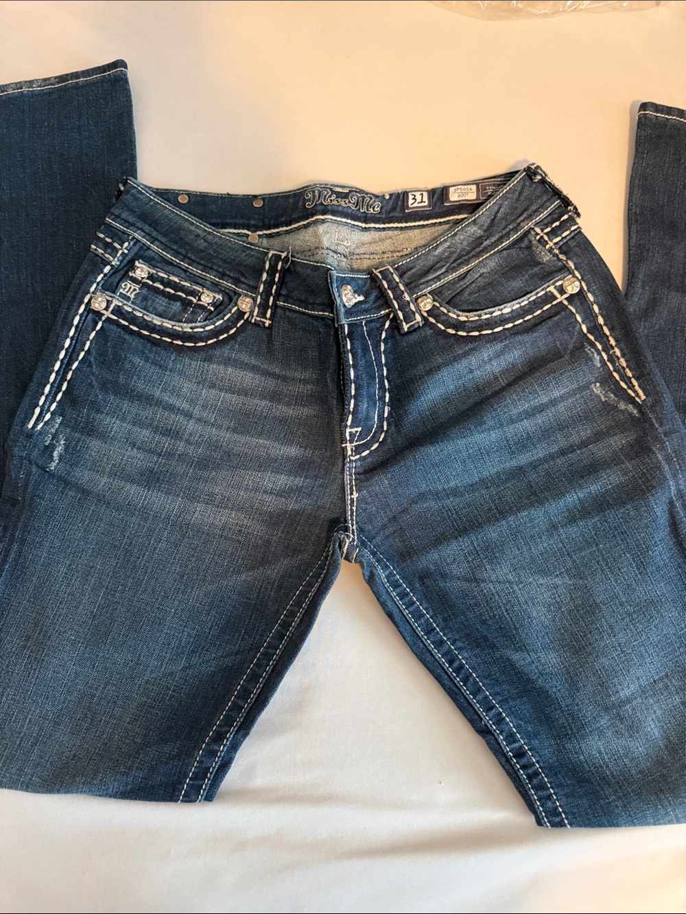 Miss Me Dark Blue Boot Cut Jeans with White Contrast Stitching